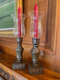 PAIR Etched Glass & Cast Metal Candle Holders