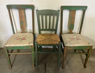 Three Antique Country Chairs In Green Paint
