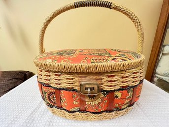 Sewing Basket With Paisley Print And Basket Weave Trim Top And Bottom