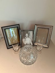 Lead Crystal Rose Bowl Vase, 2 Cordial Glasses With Gilt Edges, 3 Photo Frames