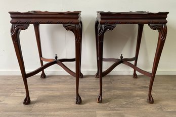 Pair Of Solid Wood Carved End Tables With Ball And Claw Feet