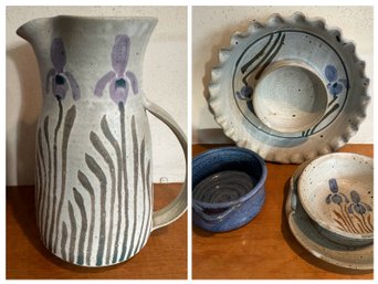 Pottery Tableware, Pitcher, Bowls And Chip/dip Set