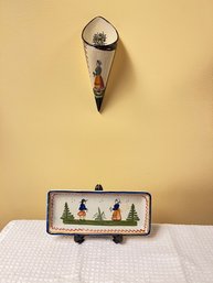 Quimper, From France, Ceramic, Wall Pocket, With Sweet Small Serving Tray