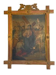 Antique Oil On Canvas ,painting Of The Christ Carrying The Cross.