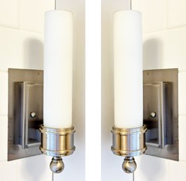 A Pair Of Brushed Steel Wall Sconces - Possibly Restoration Hardware