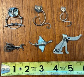 Lot 6 Vintage Modernist Sterling Silver Animal Pins Cats Dog Stingray Owl Horse (5)