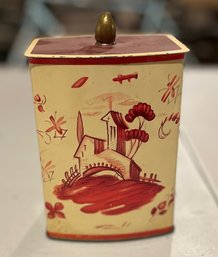 Antique Decorative Tin In Red And Cream Floral With Lid