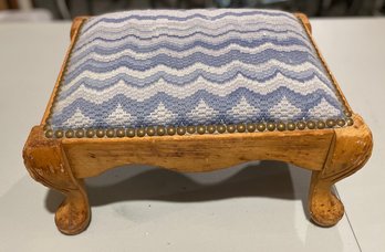 Antique Foot Stool With Blue Needlepoint Zig Zag Pattern