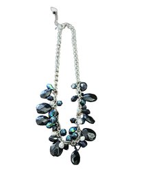 Silver Tone Chain Necklace With Black And Dark Blue Beads