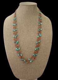 Gorgeous Vintage Native American Sterling Silver Coral Beaded Heishi Turquoise Coral Color Necklace, 30'