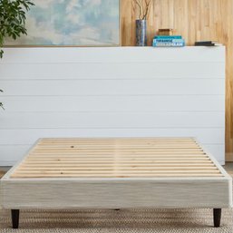 A Sleek Modern Queen Size Platform/mattress Foundation - Linen Fabric Over Wood Frame