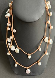 Vintage Rawhide Lariat Necklace With Cultured Pearls Gemologist Verified 44' Length