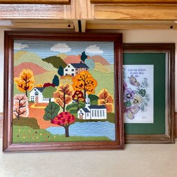 Two Pieces Of Needlework: Fall Day With A Church In Forefront, Flowers And Butterflies