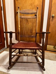 Antique Shaker Style Rocker With Spindle Back, Wonderful Original Leather Seat