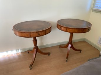 Pair Tooled Leather Top Drum Tables