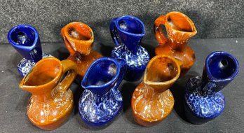 Eight Chilean Drip Glazed Blue And Orange Mini Creamers