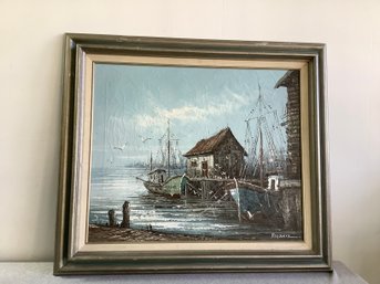 Signed Oil On Canvas Of A Docked Ship