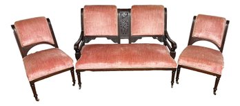 Antique Victorian Parlor Set With Relief Carved Settee And Pair Of Chairs