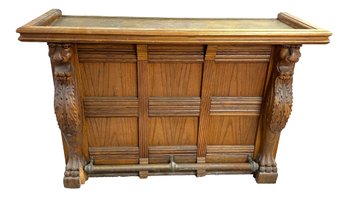 Antique English Oak Bar With Brass Top And Carved Griffins