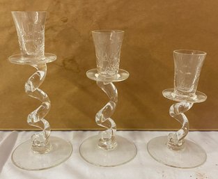 Three Artist Signed Glass Candle Holders