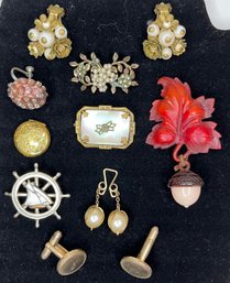 Vintage Old Antique Lot Jewelry - Earrings - Brooches - Cuff Links - Leaf Acorn - Ships Wheel - Mini Frame