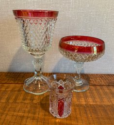 Trio Of Cranberry Depression Glass Pieces