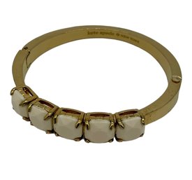 Kate Spade Gold Tone Heavy Hinged Bangle With White Acrylic Rhinestones