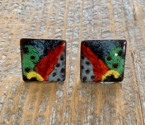 Vintage Enameled Sterling Silver Screw Back Earrings