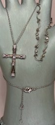 Silver Tone Cross Necklace & Bracelet Rhinestone Or Cubic Zirconia Chips
