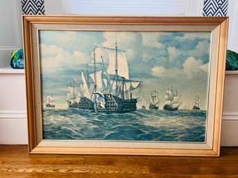 Naval Sailing Ships - Midcentury Art Piece With Wooden Frame