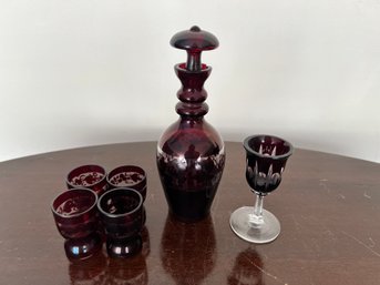 Antique Red Bohemian Glass Cut Vase With Glasses