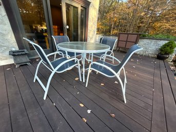 White Glass Table With Set Of 4 Blue Chairs - 2 Identical Sets Available