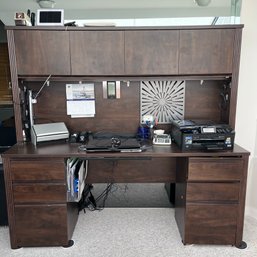 A Wood Laminate Office Desk With 2 File Drawers & Detachable Hutch