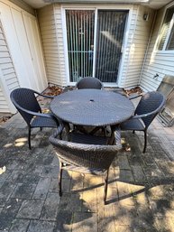 Frontgate Outdoor Wicker Dining Set With 4 Chairs And Hole For Umbrella In Table, Dark Brown