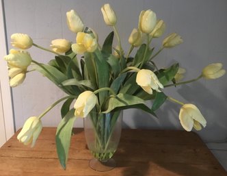 Beautiful Yellow Tulips Flower Arrangement In Glass Vase.