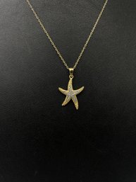 Gorgeous Sterling Silver Two Tone Starfish Necklace W/ Diamond Center