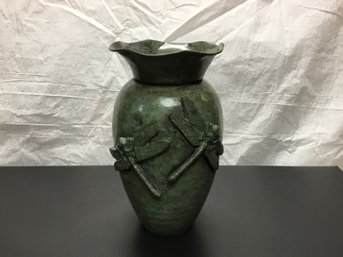 A Very Nice Polished Metal Green  Decorative Vase With Dragonfly Details.
