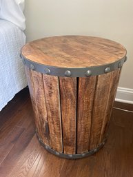 Wood Slat Drum Table With Metal Banded Border