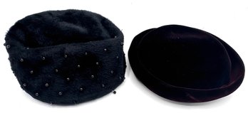 2 Vintage Hats: Dark Burgundy Velvet By B. Altman & Faux Fur Beaded By Martelle