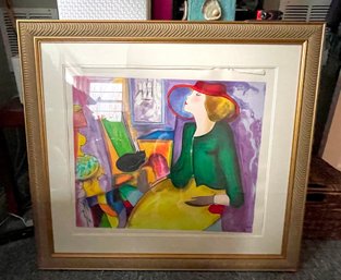 Lady & Black Cat Serigraph By Linda Lekiniff - Note Print Has Shifted In Frame No Damage To Print