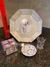 Decorative Plate Glass Trinket Box & Plate