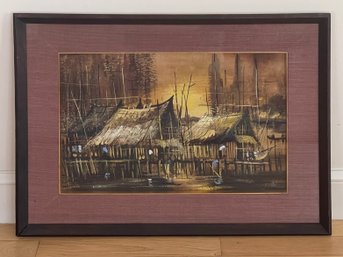 Vintage Village Life Painting By NK Kampan ( Thai Artist ), Framed