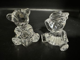 2 Precious Waterford Crystal Boy And Girl Bear Paperweight Figurines