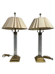 Pair Of Fluted Lead Crystal Glass Lamps With Pleated Linen Shades