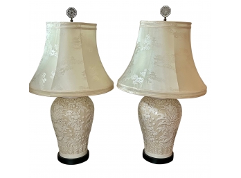 Vintage Pair Of Cream Colored Diane Studios Asian Oriental Motif Lamps  Tested And Working 33 In. H To Finial
