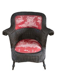 Wicker Chair With Red Toile Fabric Back And Seating