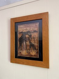 Mother & Child Giraffe Wood On Fabric Artwork