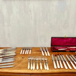 A Large Collection Of Mother Of Pearl Handled Fish Service And Flatware  - Stainless Steel Blades