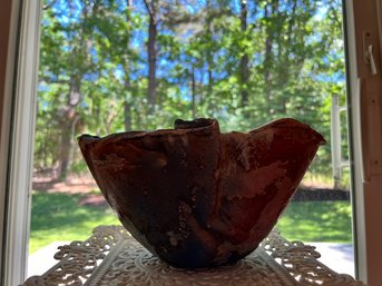 Handkerchief Raku Pottery Bowl By Erica, 1966