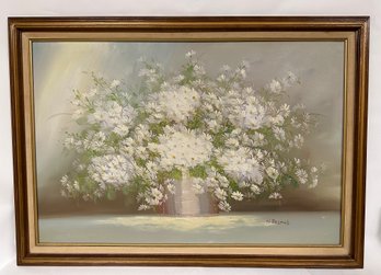 Beautiful Vintage Original Oil Painting White Flowers Wooden Framed Signed By H. Desmond.                  WA